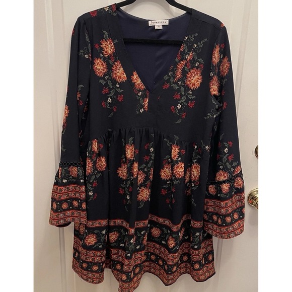Loveriche Navy Blue Floral Long Sleeve Dress Cottage‎ Core Boho Festival Mini - Picture 2 of 8